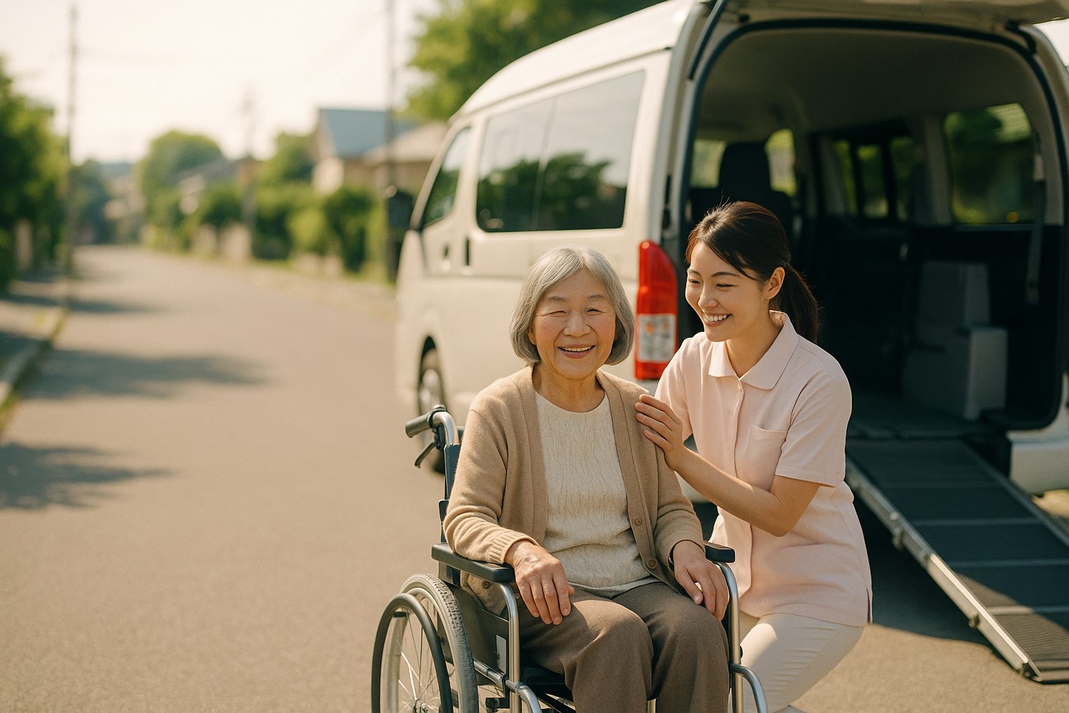 看護師が付き添い、介護タクシーで外出するご利用者様
